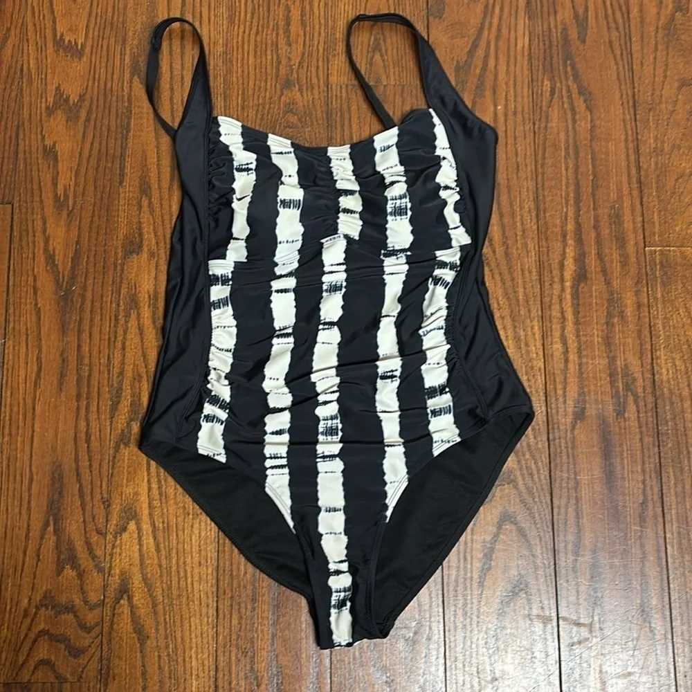 Heat Ladies Swimsuit Swim Suit Black With Off White Stripes Size XL